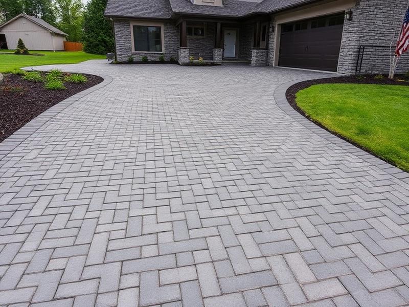 Stamped concrete driveway with herringbone brick pattern