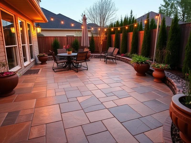 Stamped concrete patio with natural stone texture and outdoor dining furniture