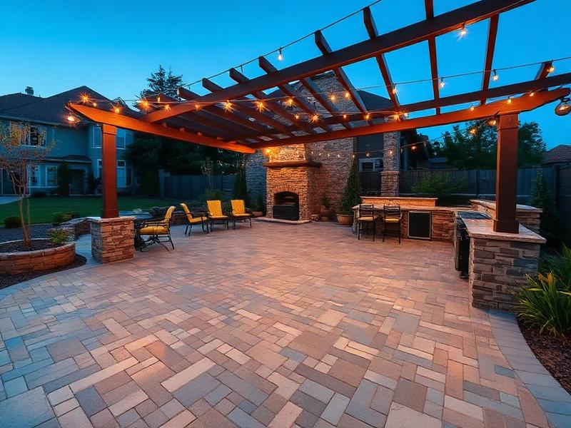 Stamped concrete cobblestone patio under a wooden pergola