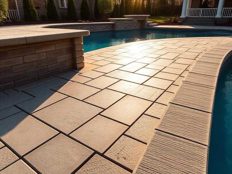 Stamped concrete ashlar slate pool deck in warm afternoon light