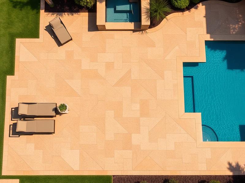 Aerial view of a large geometric stamped concrete pool deck